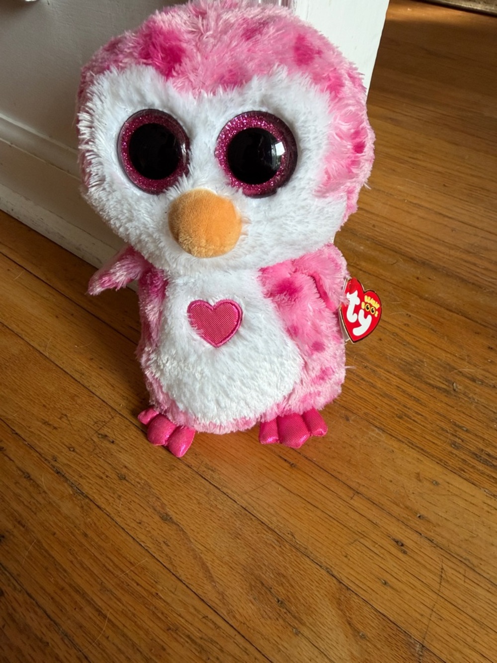 Ty Pink and White Heart Owl Plush with Orange Beak *NEW* with tags!